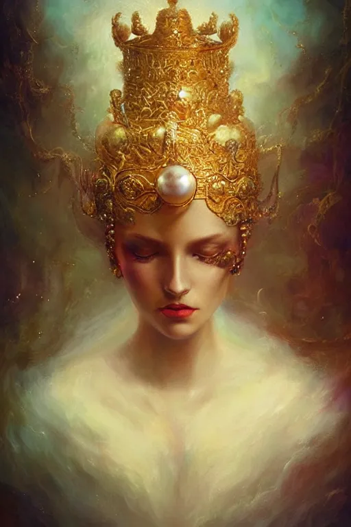 Image similar to Gold Crown with iridescent pearls, jewels, other worldly, rococo, by Anato Finnstark, Tom Bagshaw, Brom