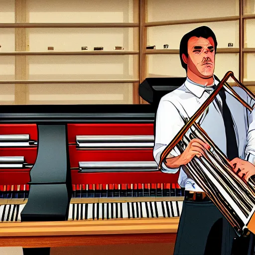 Image similar to GTA V illustration of white teenager with black hair playing an organ in a 1990s instrument shop, cover of GTA V