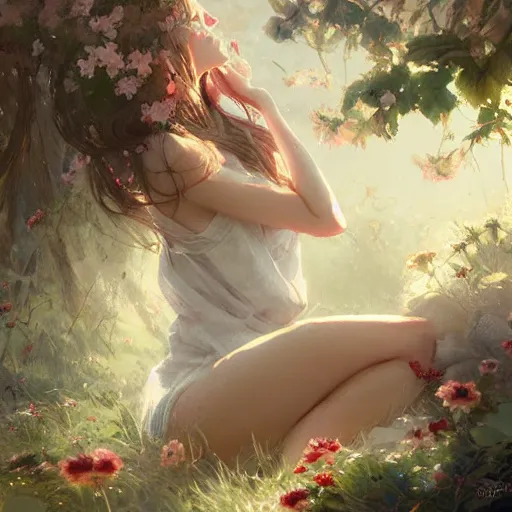 Image similar to awoke to sweet smell of spring, by wlop, artgerm, greg rutkowski