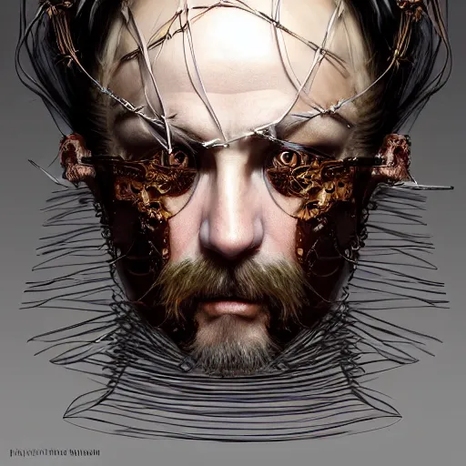 Image similar to portrait of a Shibari razor wire wrapped face and neck, headshot, insanely nice professional hair style, dramatic hair color, digital painting, of a old 17th century, old cyborg merchant, amber jewels, baroque, ornate clothing, scifi, realistic, hyperdetailed, chiaroscuro, concept art, art by Franz Hals and Jon Foster and Ayami Kojima and Amano and Karol Bak,