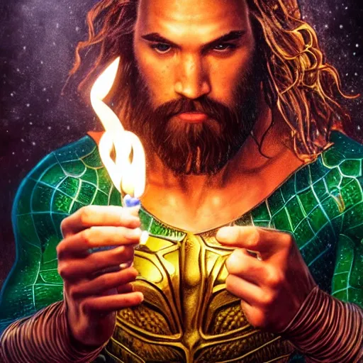 Prompt: intricate five star portrait of aquaman blowing the candle at his birthday, oil on canvas, hdr, high detail, photo realistic, hyperrealism, matte finish, high contrast, 3 d depth, centered, masterpiece, vivid and vibrant colors, enhanced light effect, enhanced eye detail, artstationhd