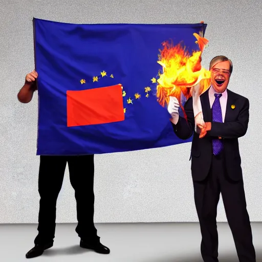 Image similar to nigel farage laughing holding burning eu flag, studio photograph, hd, studio