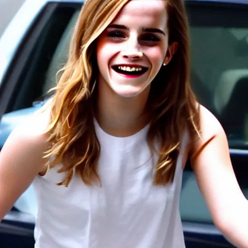 Image similar to emma watson unapologetically grinning from her car window, paparazzi photo, tabloid, perfect clear eyes, movie promo image, 4 k