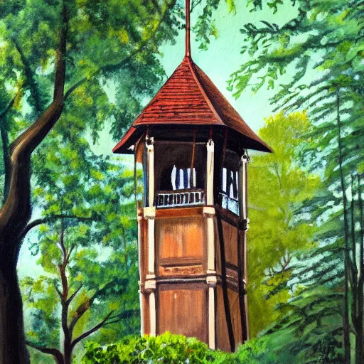 Prompt: quaint painting of an old wooden clocktower emerging from a canopy of trees