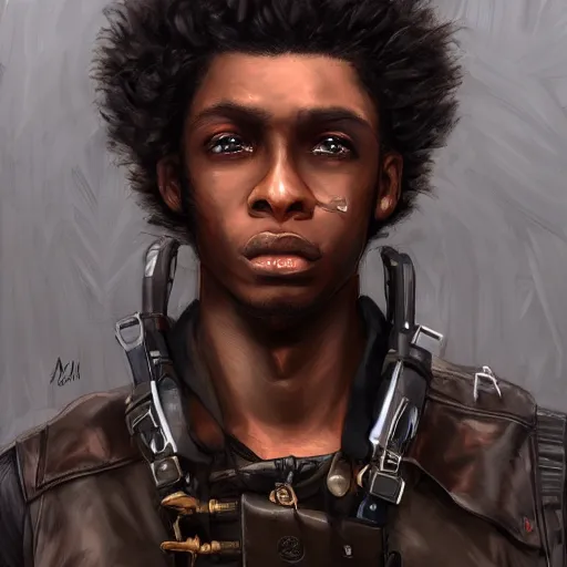 Image similar to portrait of a man by ayami kojima, afroamerican, he is about 2 0 years old, short black hair, annoyed older brother vibes, he is wearing a steampunk tactical gear, highly detailed portrait, digital painting, artstation, concept art, smooth, sharp foccus ilustration, artstation hq