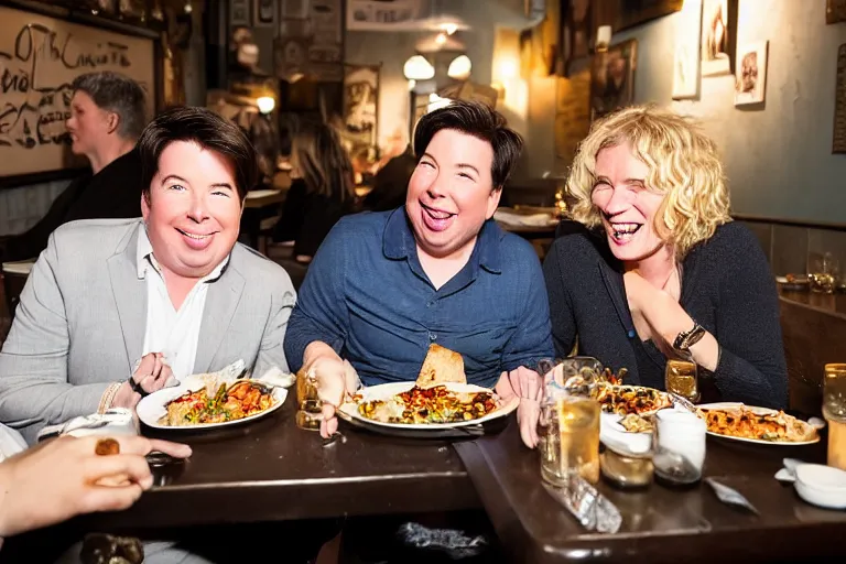 Prompt: portait of michael mcintyre and middle aged blonde woman with short hair and a blonde woman with long hair having dinner at sunday in brooklyn restaurant