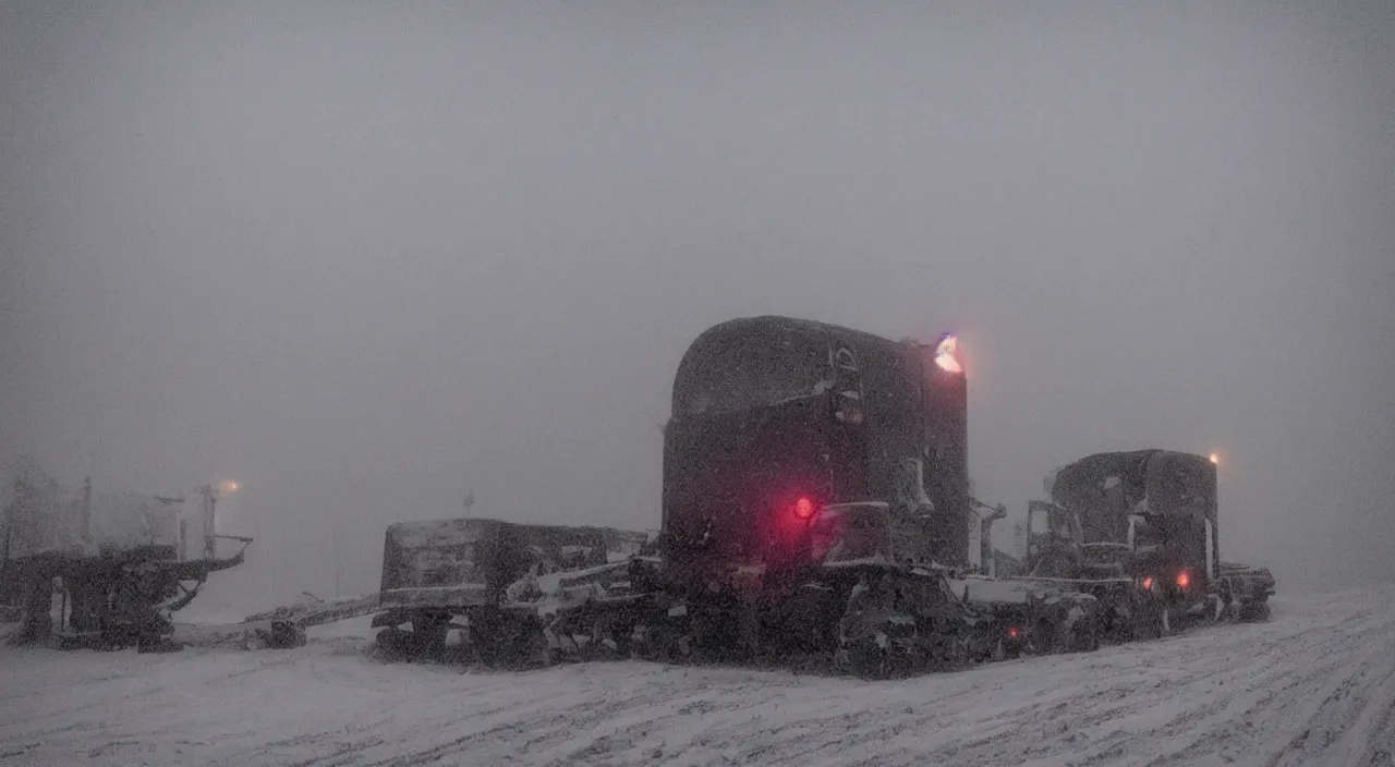 Image similar to “photo color of one biomechanical mammoth/wagon/mamouth in an arctic storm with fog and blizzard, the mammoth drags old gigantic coal wagons with snow, it's a sunset photo with cold tones, some people around ”