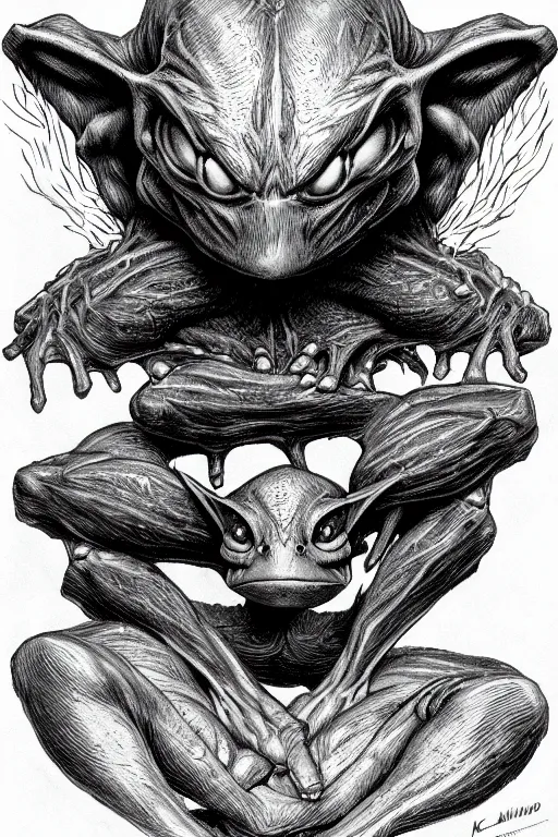 Image similar to goblin, symmetrical, toad eyes and webbed feet, highly detailed, digital art, sharp focus, trending on art station, kentaro miura manga art style