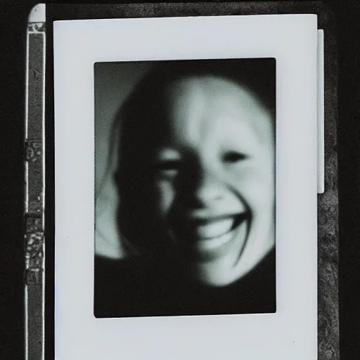 Prompt: Polaroid photography of a detached face smiling with crooked teeth in an old house