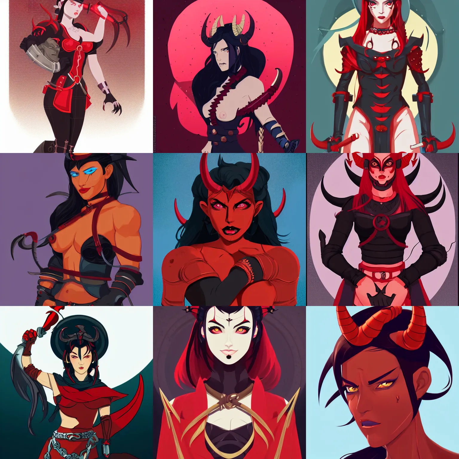 Prompt: portrait of an intimidating berber tiefling woman with red skin, devil horns and black hair wearing a steel chestplate, clean cel shaded vector art. shutterstock. behance hd by lois van baarle, artgerm, helen huang, by makoto shinkai and ilya kuvshinov, rossdraws, illustration