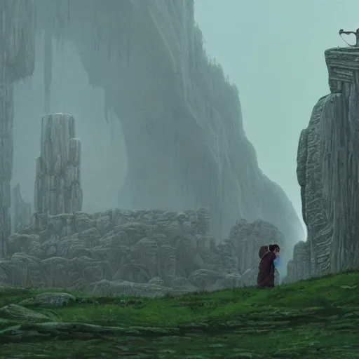 Image similar to movie still from princess mononoke ( 1 9 9 7 ) showing a highly detailed landscape with two monks praying with stonehenge in the background 1 9 8 0 s science fiction, 1 9 7 0 s science fiction, cyberpunk, moody, misty, depth perception, 4 k, artstation