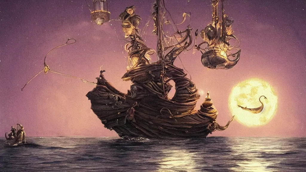 Prompt: a giant!!!! anglerfish!!!! breaking the surface of the water meets a lantern - holding!!!! sailor!!!! on a ( sloop ), ( background with large full moon and purple sky ), in the styles of tom coletti, jorge jacinto, and thomas veyrat intricate, accurate details