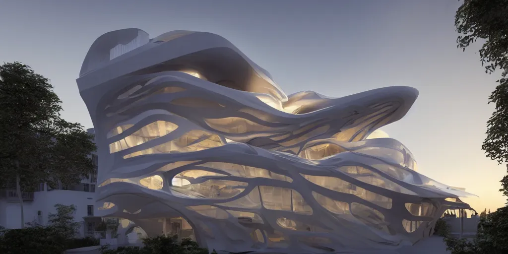 Image similar to extremely detailed ornate stunning sophisticated beautiful house by zaha hadid, stunning volumetric light, sunset, concrete and translucent material, stunning skied, 8k