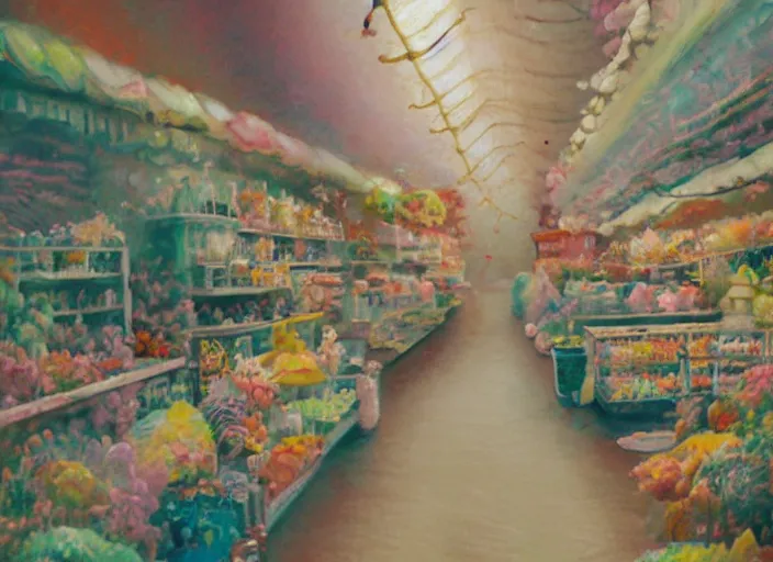 Prompt: clean impasto bright cheery placid pastel deep cozy moody cluttered painterly fluffy tiny cramped live pet store, aisles of aquariums, slanted ceiling, tiny space, particulate, trending on pixiv