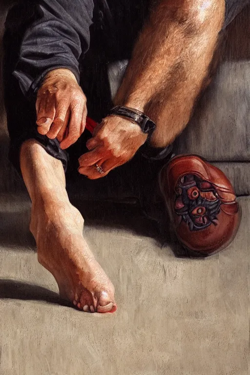 Image similar to george castaneda stabbing his toe, oil on canvas, intricate, portrait, 8 k highly professionally detailed, hdr, cgsociety