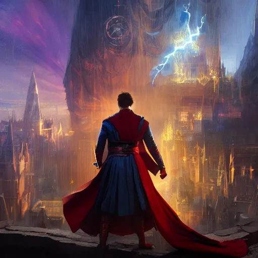 Image similar to dr strange with thor, magical world, by greg rutkowski, sung choi, photo realistic, 8 k, cinematic lighting, hd, atmospheric, hyperdetailed, trending on artstation, devainart, digital painting, glow effect