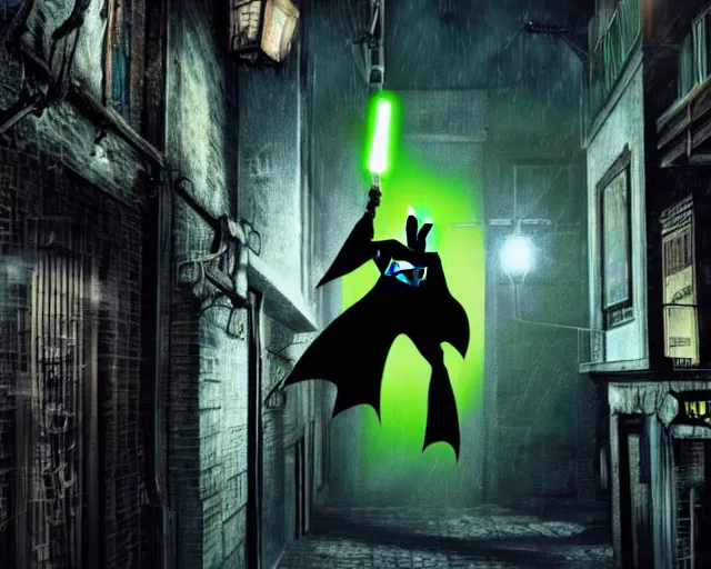 Image similar to a high definition photograph of Batman swinging a green lightsaber through a lamppost in a dark city alleyway at nighttime