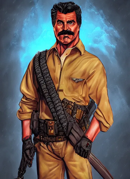 Image similar to A fantasy comic book style portrait painting of Magnum P.I as a paladin in a atmospheric dark fortress, unreal 5, DAZ, hyperrealistic, octane render, RPG portrait, ambient light, dynamic lighting