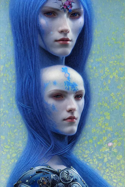 Image similar to portrait of beautiful young mainem, warhammer, russian style, cyber armor with scars, a lot of more scars, more and more flowers, blue head, the middle ages, highly detailed, artstation, illustration, art by jean delville, 8 k quality