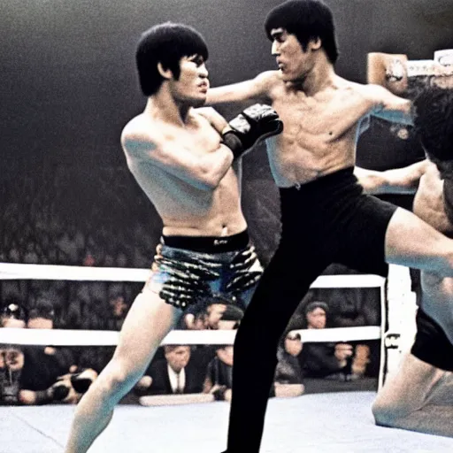 Image similar to Bruce Lee fights against Khabib Nurmagomedov in the UFC,