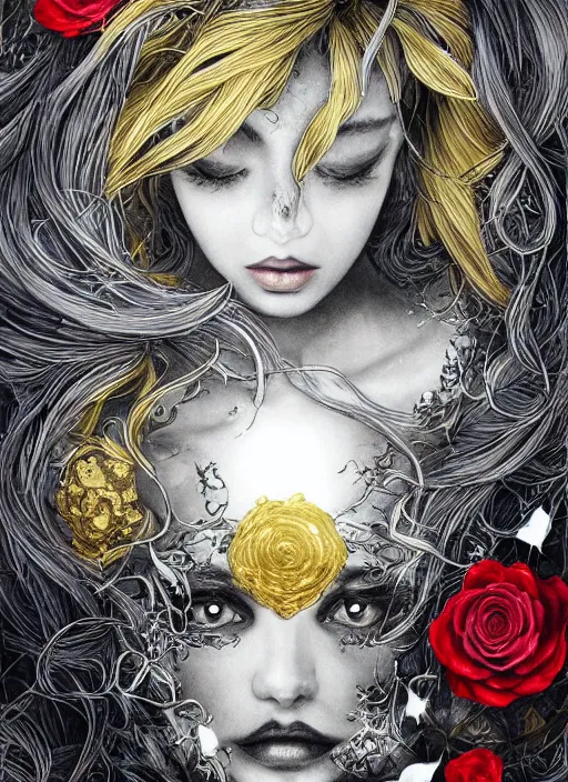 Image similar to silver and golden elements at frame borders, portrait, A beautiful dark witch in front of the full big moon, book cover, red roses, red white black colors, establishing shot, extremly high detail, foto realistic, cinematic lighting, pen and ink, intricate line drawings, by Yoshitaka Amano, Ruan Jia, Kentaro Miura, Artgerm, post processed, concept art, artstation, matte painting, style by eddie, raphael lacoste, alex ross