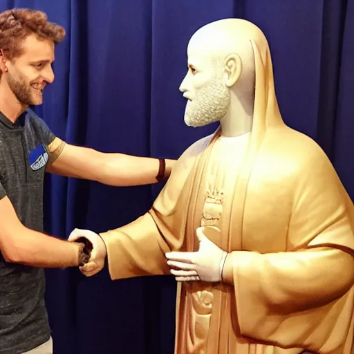 Image similar to A lizard person shaking hands with a religious icon