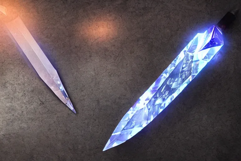 Image similar to A crystal dagger shimmers with an unnatural light, it had been enchanted by a skilled sorcerer, D&D fantasy setting, 4k