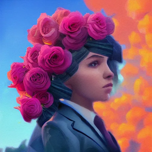 Image similar to closeup, large rose flower head, portrait, girl in a suit, surreal photography, sunrise, blue sky, dramatic light, impressionist painting, digital painting, artstation, simon stalenhag