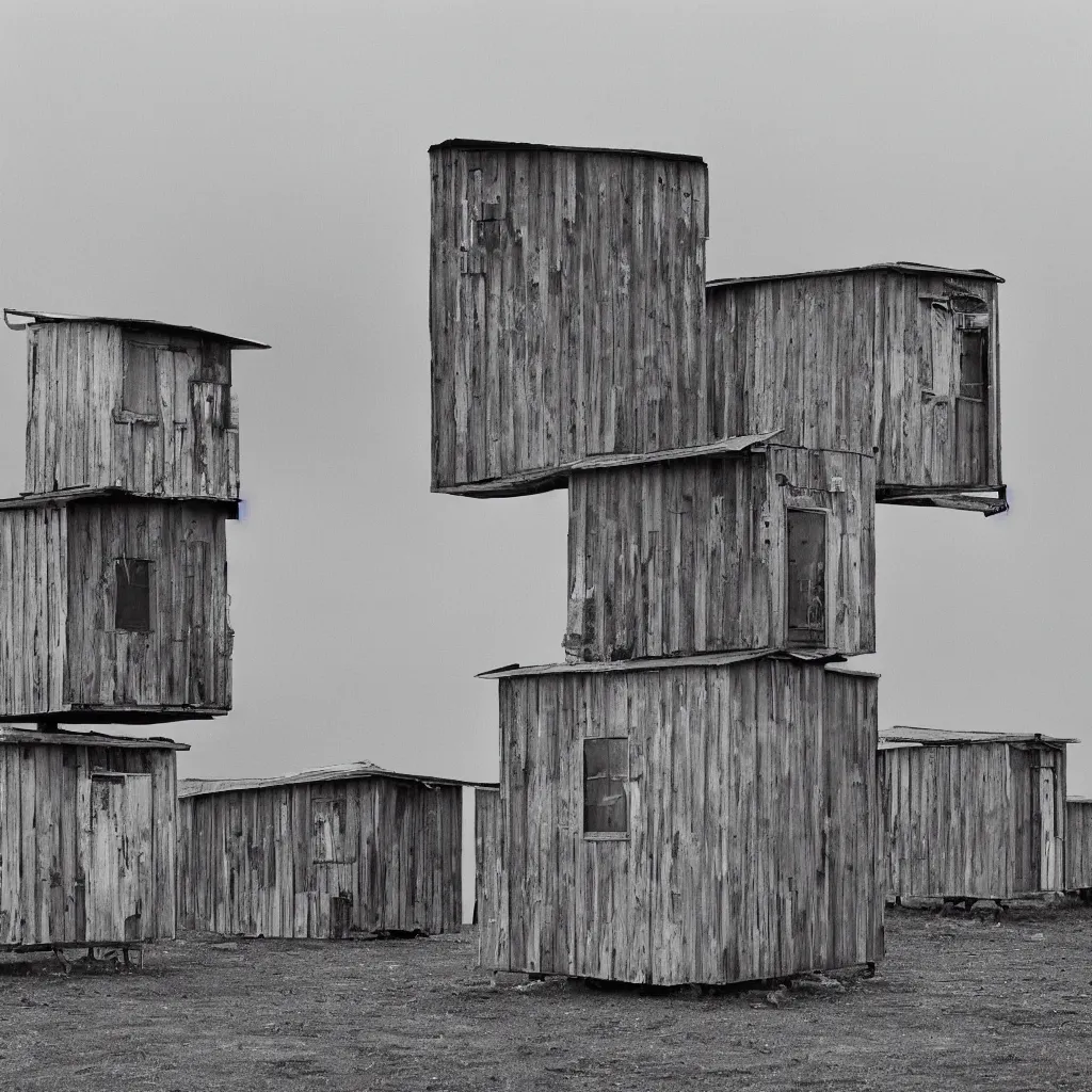 Image similar to two suspended towers made up of colourful makeshift squatter shacks, plain uniform sky at the back, misty, mamiya rb 6 7, ultra sharp, very detailed, photographed by uta barth