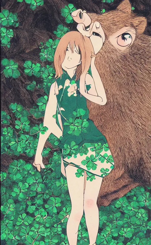 Prompt: by akio watanabe, manga art, girl next to a boar in the forest and clovers, trading card front, kimono, realistic anatomy