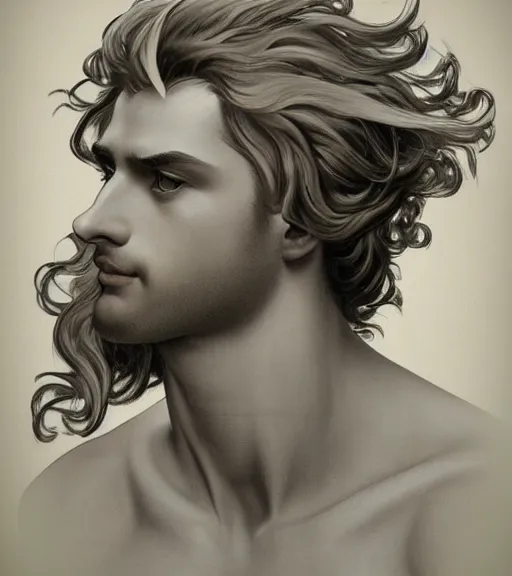 Image similar to clean cel shaded art of the androgynous clean shaven greek God Apollo, long fluffy curly blond hair, light platinum long blond hair, Alexandre Cabanel, norman rockwell, peter paul rubens, maler collier, frank frazetta, alphonse mucha, gustav klimt 4k, unreal 5, DAZ, french noveau, trending on artstation, octane render, hyperrealistic