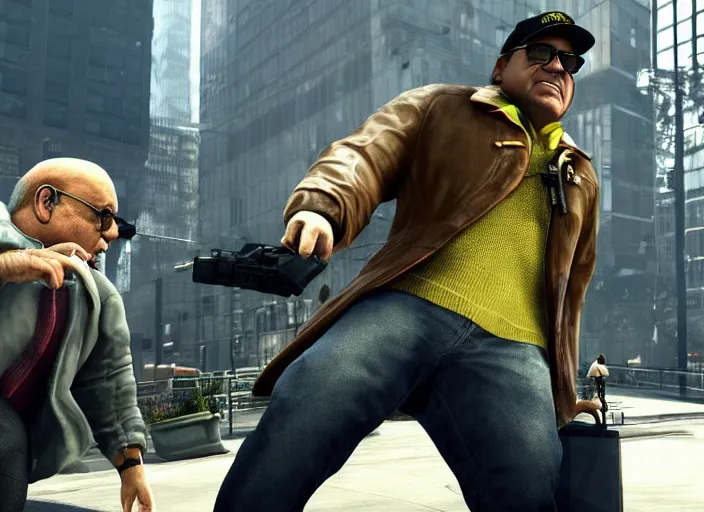 Image similar to video game still of danny devito in the video watch dogs,