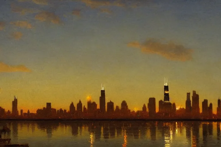 Image similar to chicago skyline, painted by hudson river school, dramatic lighting, artstation