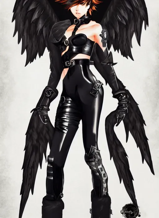 Image similar to full body artwork of tracer overwatch, wearing black latex outfit, in style of mark arian, angel wings, dramatic painting, wearing detailed leather collar, black shiny armor, chains, black harness, detailed face and eyes,