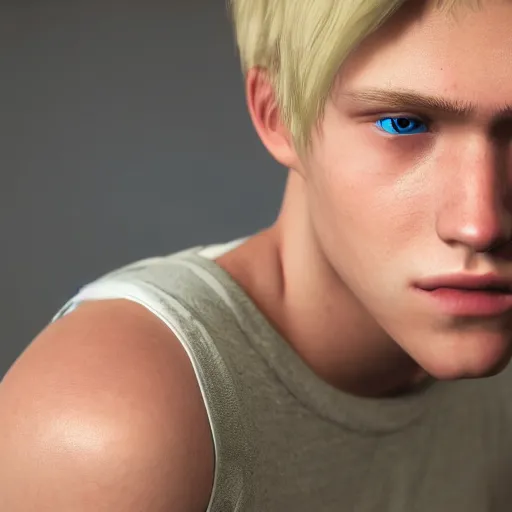 Image similar to a detailed portrait of boy with blonde hair and blue eyes, unreal engine 5 rendered, incredibly highly detailed and realistic, 8 k, sharp focus, studio quality