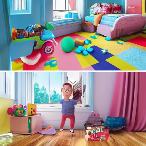 Prompt: eye - level view, in a child's bedroom filled with toys there is a bed under a window with a colorful bedspread. a super cute gsd puppy runs and jumps on the bed and plays with its toys. hilarious, funny, back to school comedy, cg animation, 3 d octane render, imax 7 0 mm,