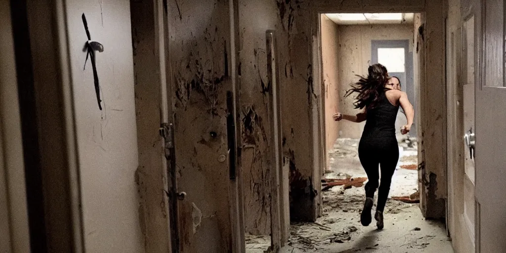 Image similar to Jennifer Love Hewitt running away from a serial killer in a dark abandoned school