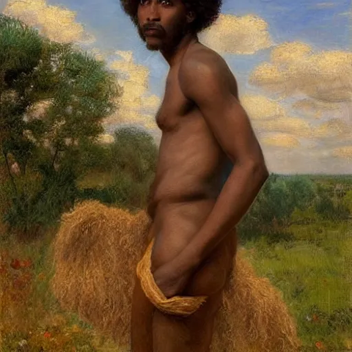 Prompt: east african man with curly hair, wide shot, full body, fedosenko roman, j. w. godward, jose miguel roman frances, intricate details, countryside, dreamy, impressionist, figurative