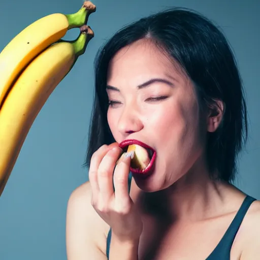 Image similar to close up photography of a woman that is about to bite into a banana but she just didnt do it yet, profile, close camera