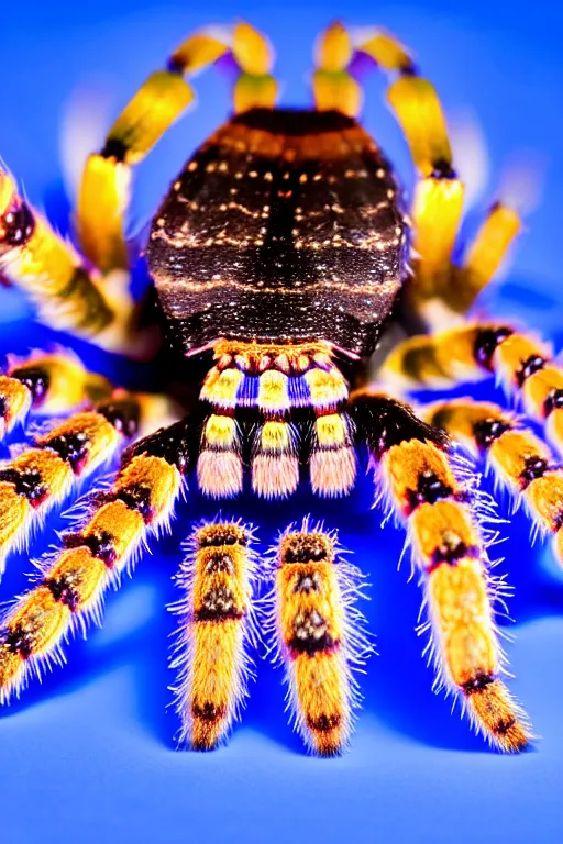 Prompt: high quality macro photo rococo iridescent tarantula! jewelled very cute! highly detailed david ligare elson peter cinematic blue neon lighting high quality low angle hd 8k sharp shallow depth of field