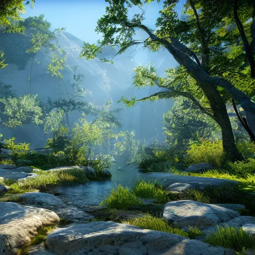 Prompt: beautiful nature environment, unreal engine 5, global illumination, reytracing, 8 k, hyper realistic, trending on artstation