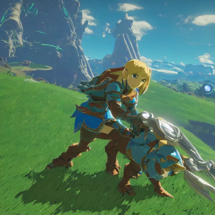 Image similar to Samus in The Legend of Zelda Breath of the Wild, detailed screenshot