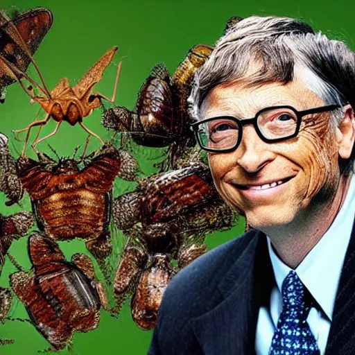 Image similar to a photo of Bill Gates with insects running all over his face, Bill Gates is in love with them