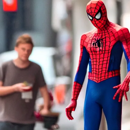 Prompt: toby maguire as spiderman enjoying a fresh pepperoni pizza in new york