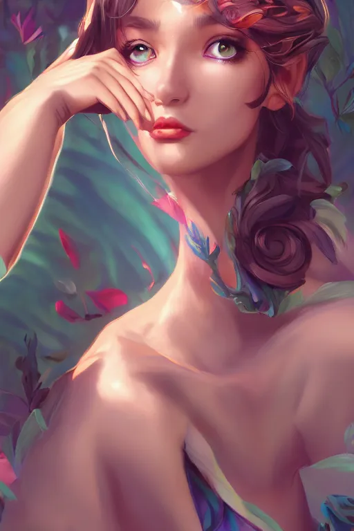 Image similar to a beautiful fashion goddness of love, chic strapless dress, tropical sea background, character design, in the style of artgerm, and wlop, cinematic lighting, hyperdetailed, 8 k realistic, symmetrical, global illumination, radiant light, frostbite 3 engine, cryengine, dof, trending on artstation, digital art