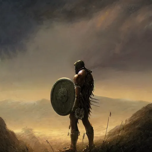 Image similar to a lone spartan warrior aftermatch scavenging for food in the wilderness casper david friedrich raphael lacoste vladimir kush leis royo volumetric light effect broad light oil painting painting fantasy art style sci - fi art style realism artwork unreal engine