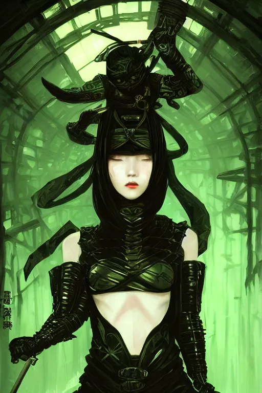 Image similar to portrait Ninja gaiden girl, armored black and green ninja wardrobe, in ruin japanese rainny temple night, ssci-fi and fantasy, intricate and very very beautiful and elegant, highly detailed, digital painting, artstation, concept art, smooth and sharp focus, illustration, art by tian zi and WLOP and alphonse mucha