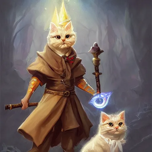 Image similar to cute little anthropomorphic one Maltese Terrier and one tabby cat, wielding a magic staff, tiny, small, short, Wizard robe, cute and adorable, pretty, beautiful, DnD character art portrait, matte fantasy painting, DeviantArt Artstation, by Jason Felix by Steve Argyle by Tyler Jacobson by Peter Mohrbacher, cinema