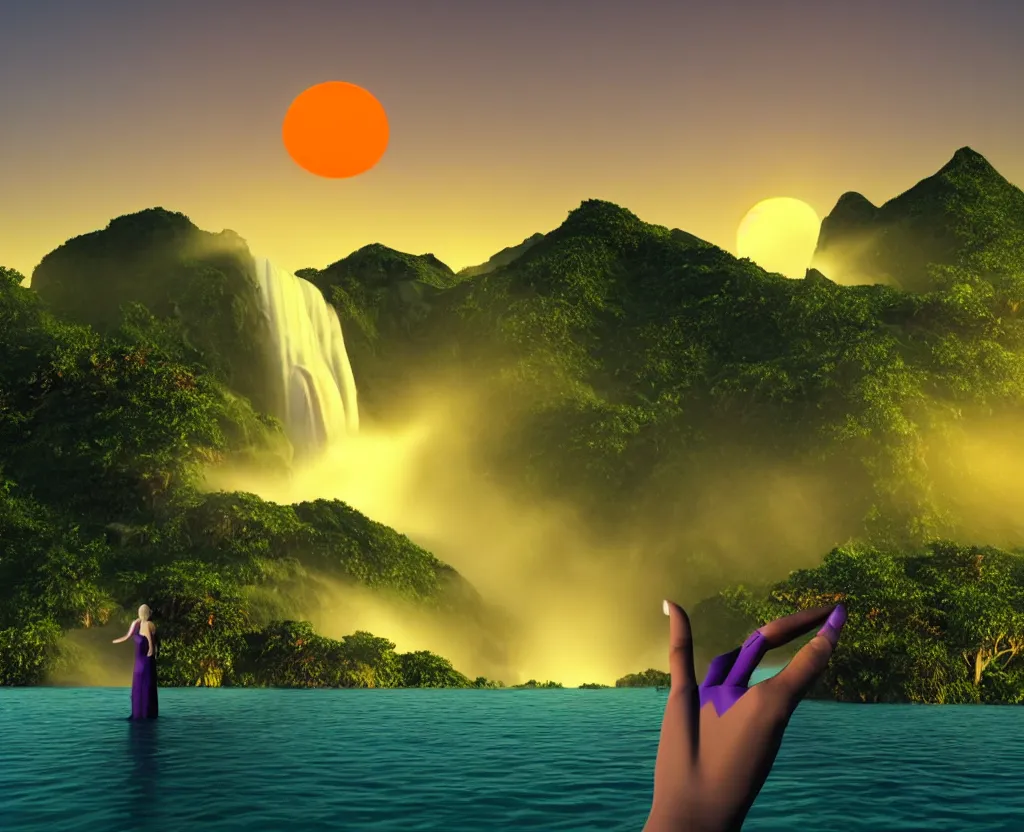 Image similar to a low-poly render of a big purple hand holding the orange setting sun on the ocean horizon. a green tinted transparent beckoning lady in front of a waterfall. a cream colored abandoned building featuring two statues and pitch black periphery. a prehistoric jungle scene with a mountain in the background.