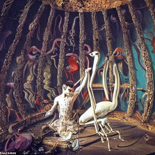 Prompt: a highly detailed painting of an elegant male dancer with flamingo legs by salvador dali and vadim stein, in a domed destroyed ballroom splattered with rot and decay by albrecht durer, dramatic lighting, insanely detailed